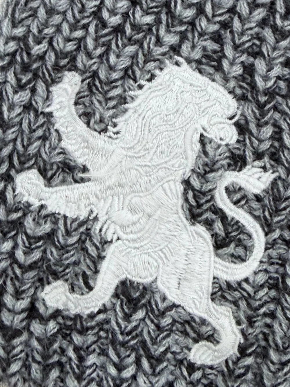Chunky Knit Heather Gray Scarf White Heraldic Lion Embroidered Winter Unisex